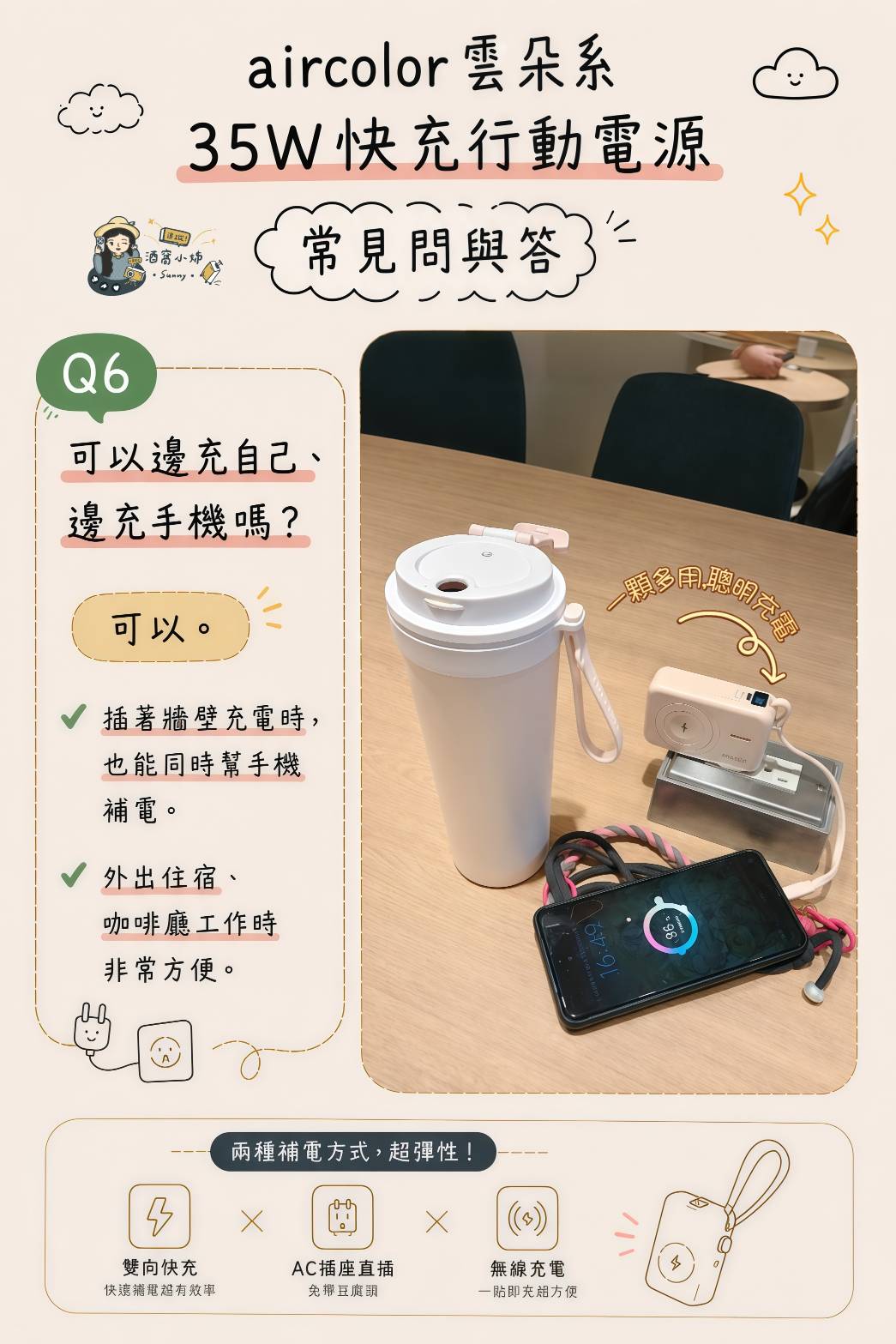 Aircolor 雲朵系35W快充行動電源開箱｜出國旅行必備！Qi2磁吸、自帶AC插頭、10000mAh全能充