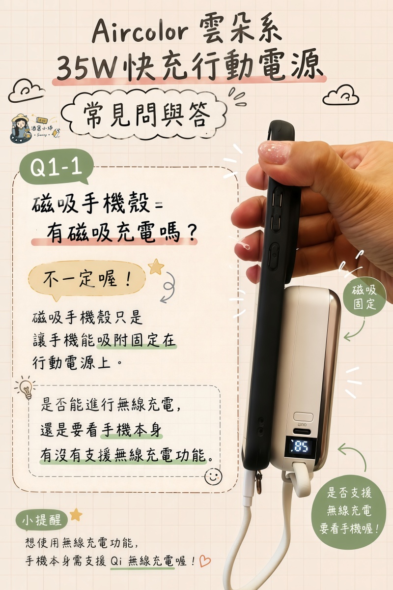 Aircolor 雲朵系35W快充行動電源開箱｜出國旅行必備！Qi2磁吸、自帶AC插頭、10000mAh全能充